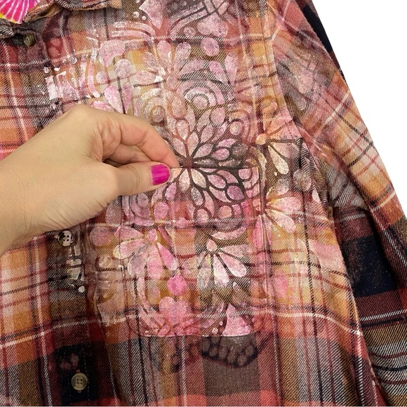 Handmade Floral Flannel Shirt Womens Size Medium Bleached Plaid Button Down Gold - Picture 6 of 11